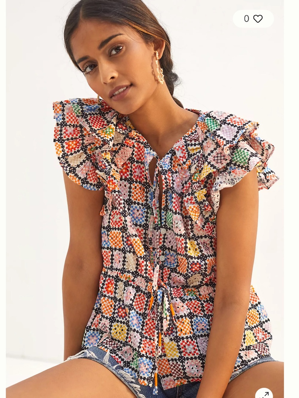 Maeve Anthropologie 100% Cotton Multicolor Crochet-Print Ruffle Tie Blouse Large - Picture 1 of 8